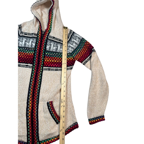 Womens Cream Alpaca Blend Colorful Knit Hooded Cardigan Sweater Llama Pattern - Picture 4 of 7